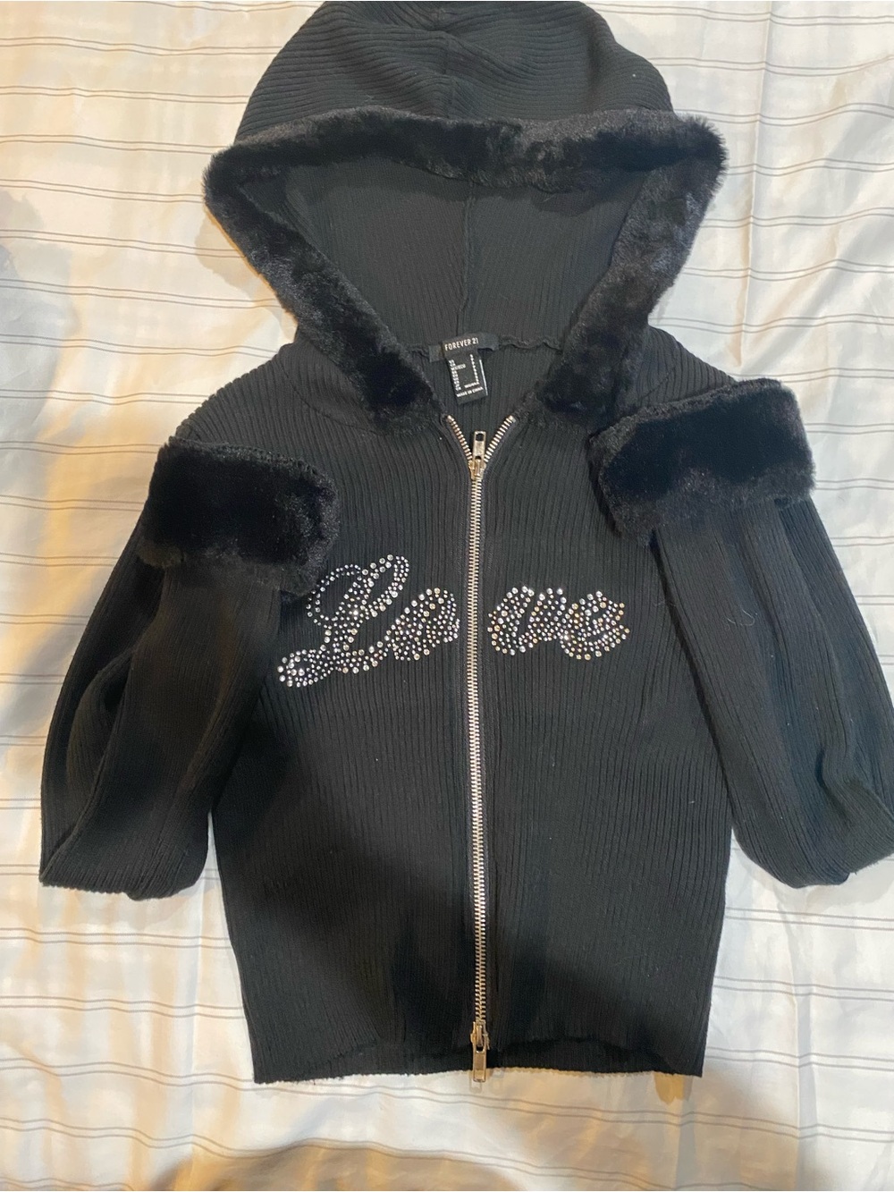 FOREVER 21 Girls' Black Faux Fur Trim Hooded Zip Jacket